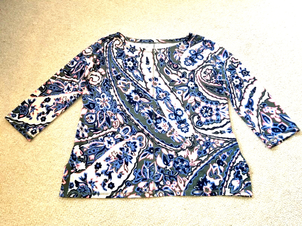 Womens Top-T by TALBOTS-white/green/blue/pink paisley stretch knit 3/4 sleeve-PL